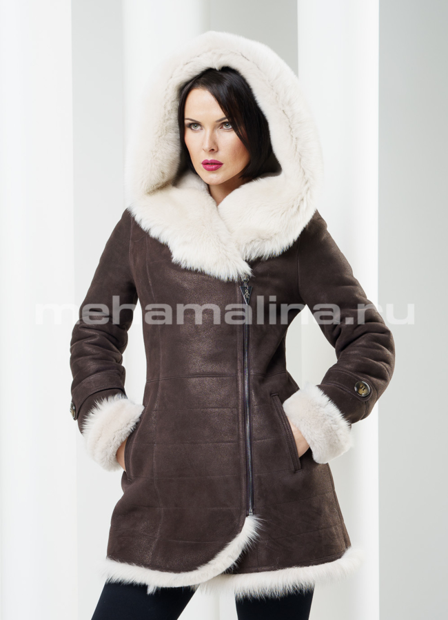 Дубленка на молнии с оформлением из тасканы модель № D-123 меха малина