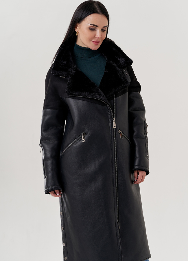 Женская дубленка из эко кожи черного цвета  модель № 79496 универмаг малина