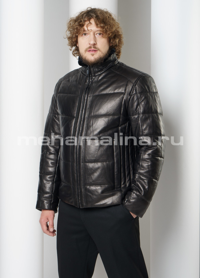 Кожаный пуховик черного цвета на молнии модель № ПМ-104 универмаг малина