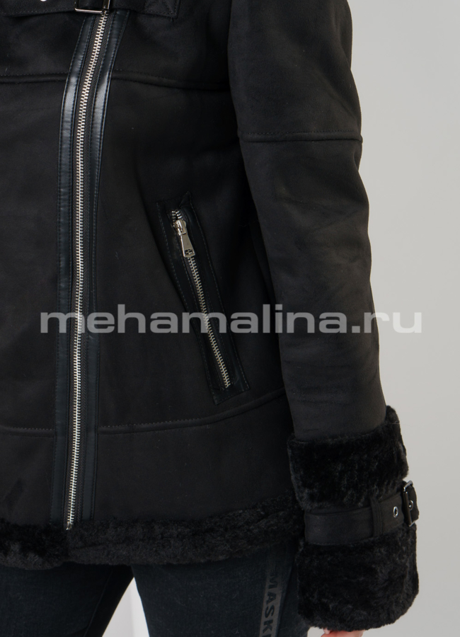 Эко дубленка на молнии с капюшоном в черном цвете модель № 9186 в рассрочку