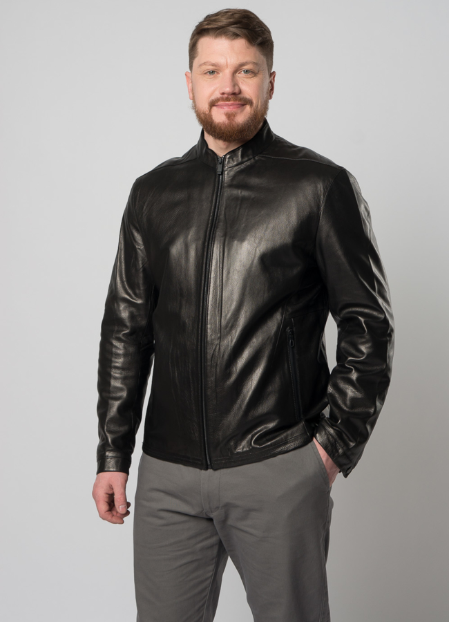 Куртка кожаная черного цвета на молнии модель № W9099 меха малина