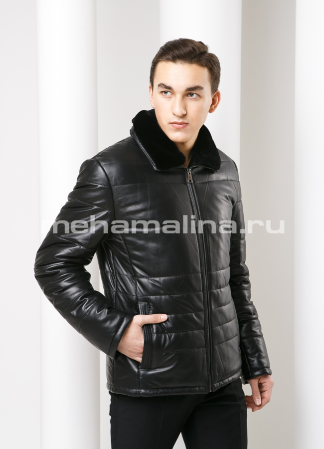 Пуховик из эко кожи модель № ПМ-79 меха малина