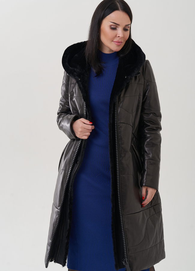 Пуховик из натуральной кожи на молнии с капюшоном модель № 19575 универмаг малина Пуховик из натуральной кожи на молнии с капюшоном модель № 19575 универмаг малина