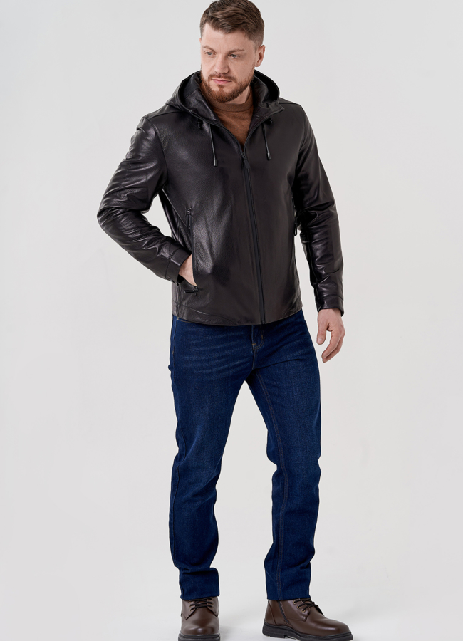 Кожаная куртка с капюшоном на молнии модель № 10980, 24371 универмаг малина