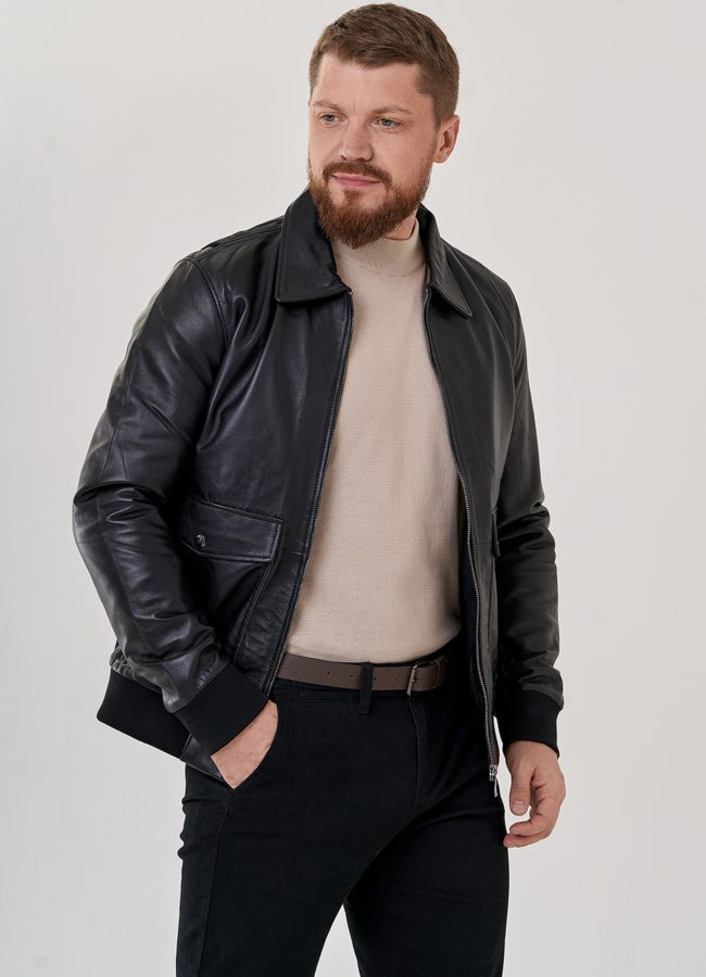 Мужская кожаная куртка черного цвета  модель № 23411 универмаг малина