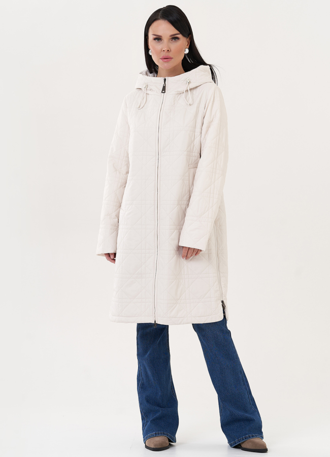 Светлое стеганое пальто с капюшоном модель № 27008 меха малина