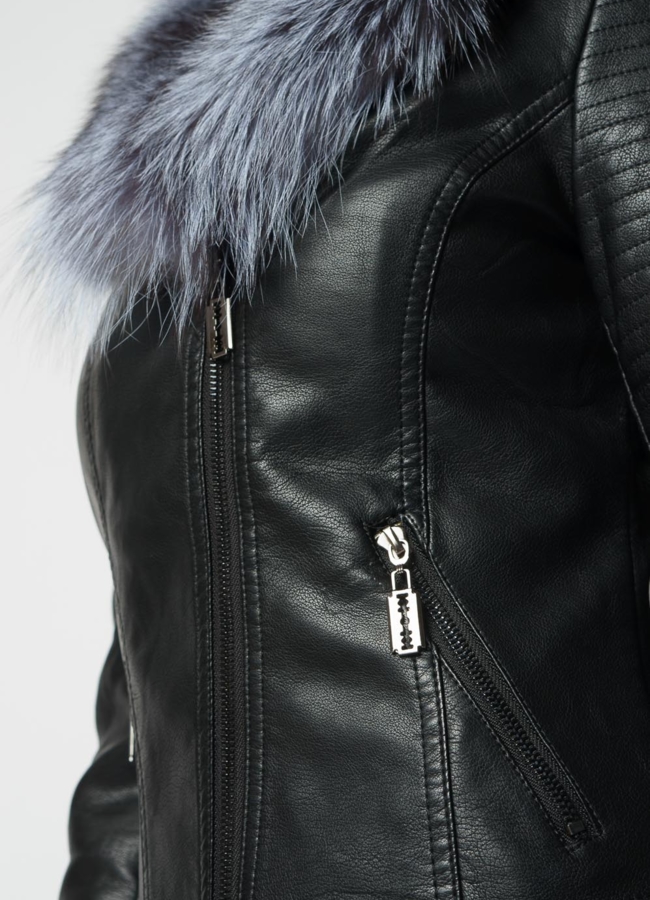 Куртка черная из эко кожи с отделкой чернобурка модель № 18238 универмаг малина