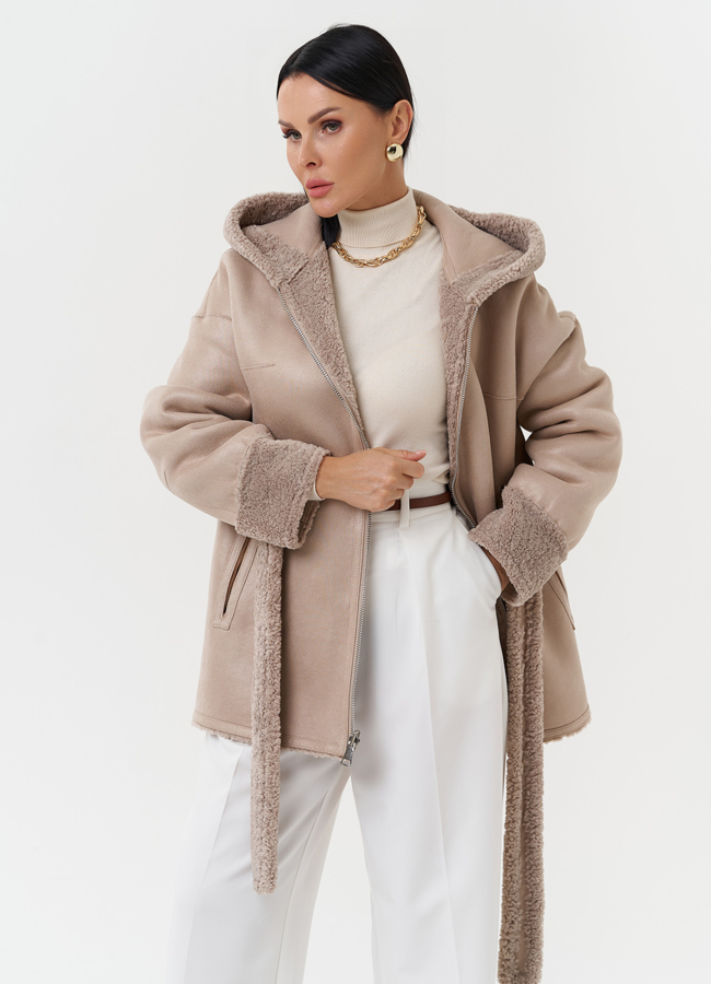 Дубленка из эко кожи с капюшоном модель № 27770 универмаг малина