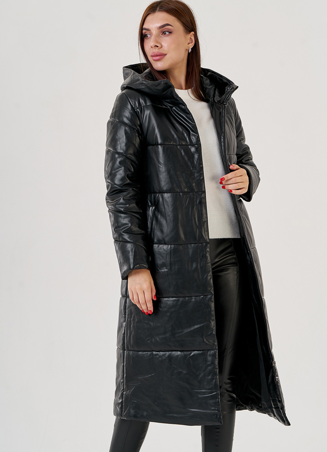 Длинный пуховик из эко кожи Malina Siberian модель № 79128 универмаг малина