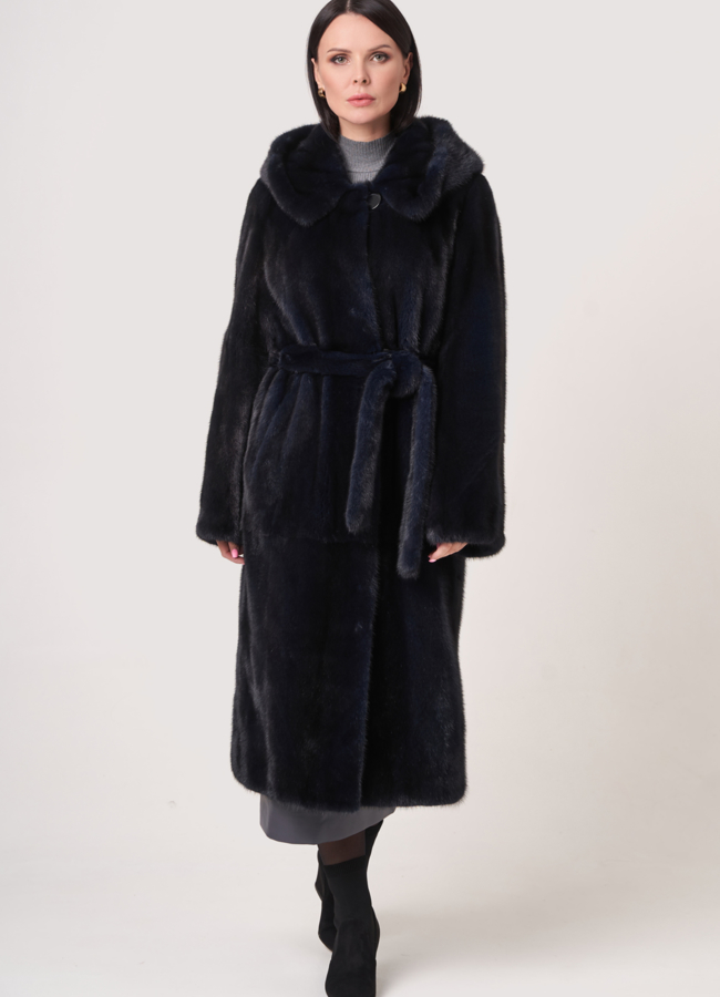 Норковая шуба прямая под пояс модель № S-758 меха малина