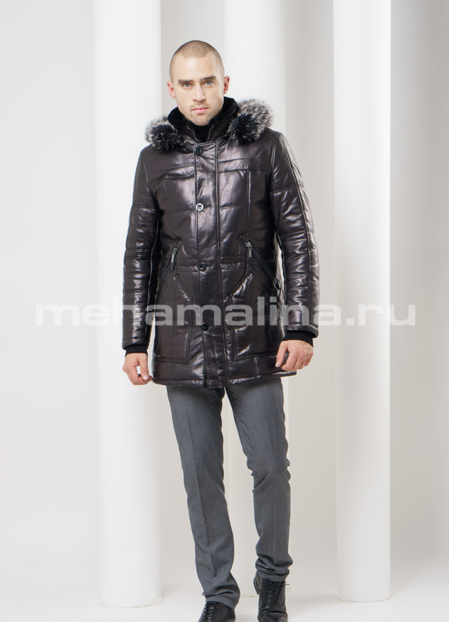 Кожаный пуховик удлиненный модель № ПМ-57 универмаг малина
