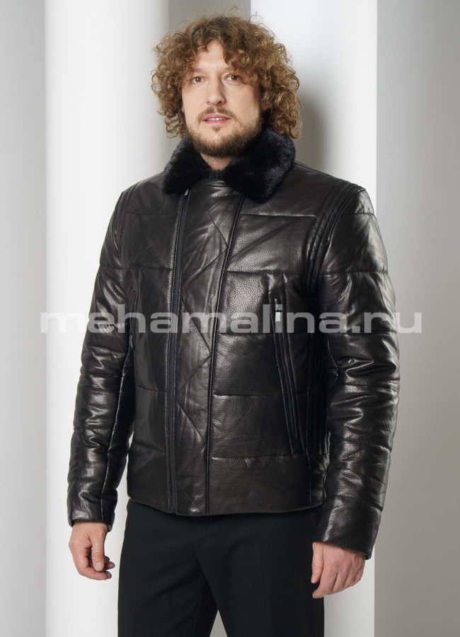 Пуховик из натуральной кожи с английским воротником, отделка норка модель № ПМ-112 меха малина