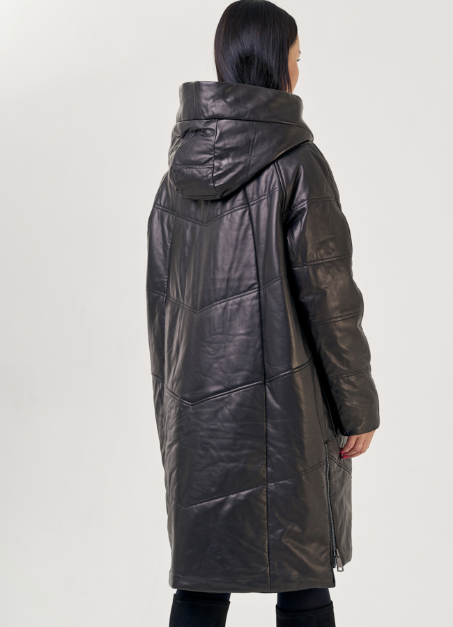 Женский пуховик из натуральной кожи с капюшоном модель № 23266 в кредит