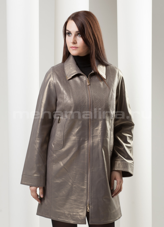 Кожаный плащ на молнии, цвет gold модель № K-160 меха малина
