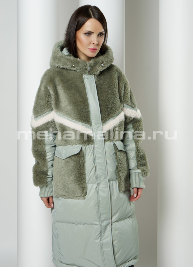 Пуховик на молнии с капюшоном, зеленого цвета модель № П-366 меха малина