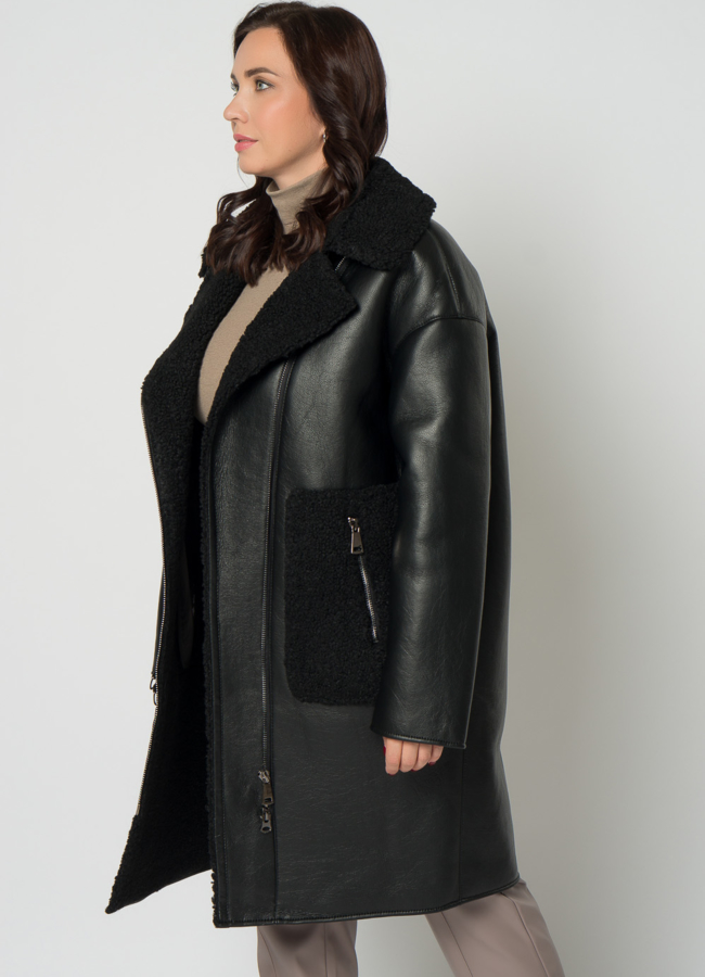 Дубленка из эко кожи черного цвета на молнии модель № 18265 универмаг малина