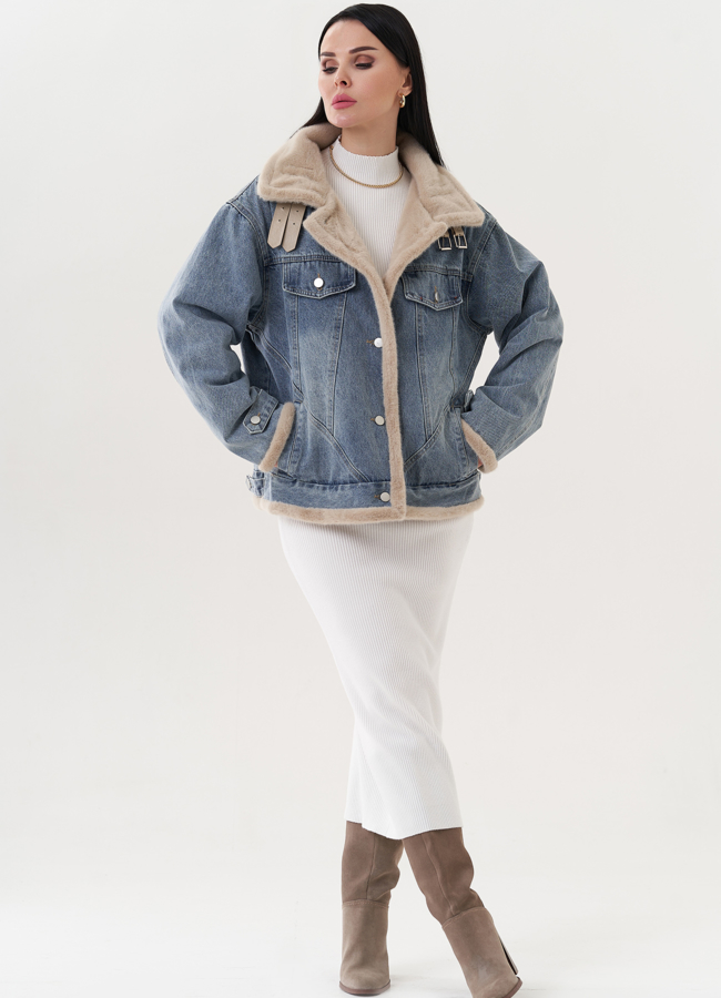 Джинсовая куртка с искусственным мехом модель № 26708 меха малина