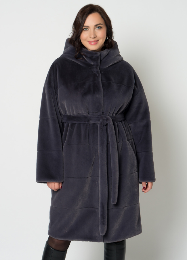 Двухстороннее полупальто из эко меха с капюшоном модель № 19075 меха малина