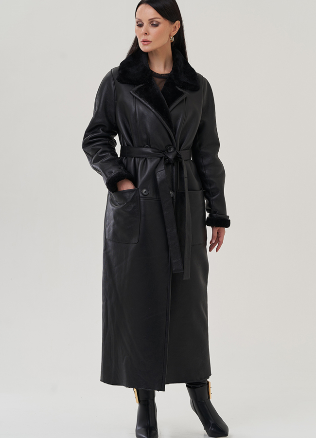 Женская дубленка с английским воротником  модель № 25288 меха малина