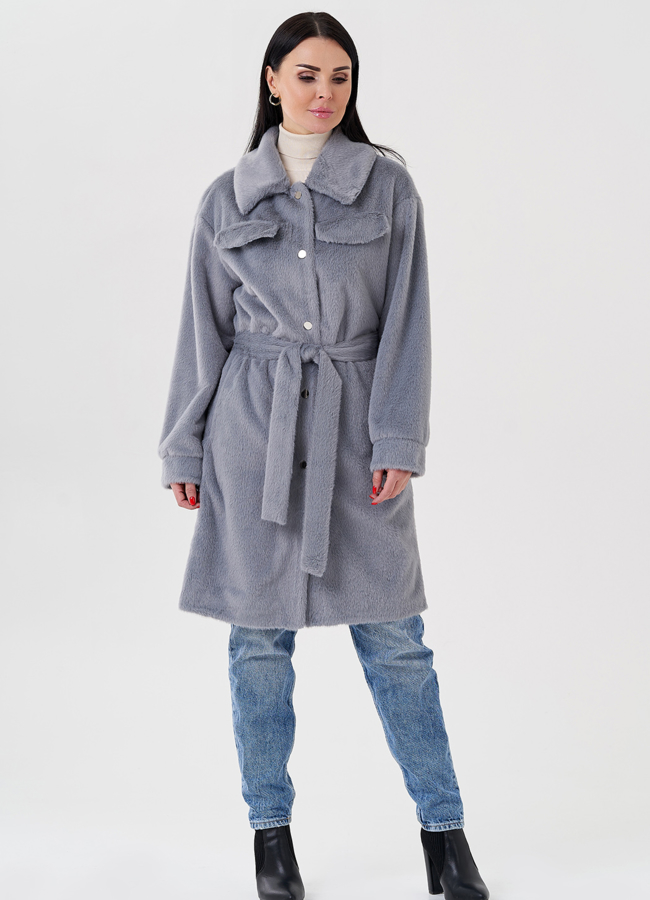 Женское пальто-рубашка серого цвета  модель № 24116 в кредит