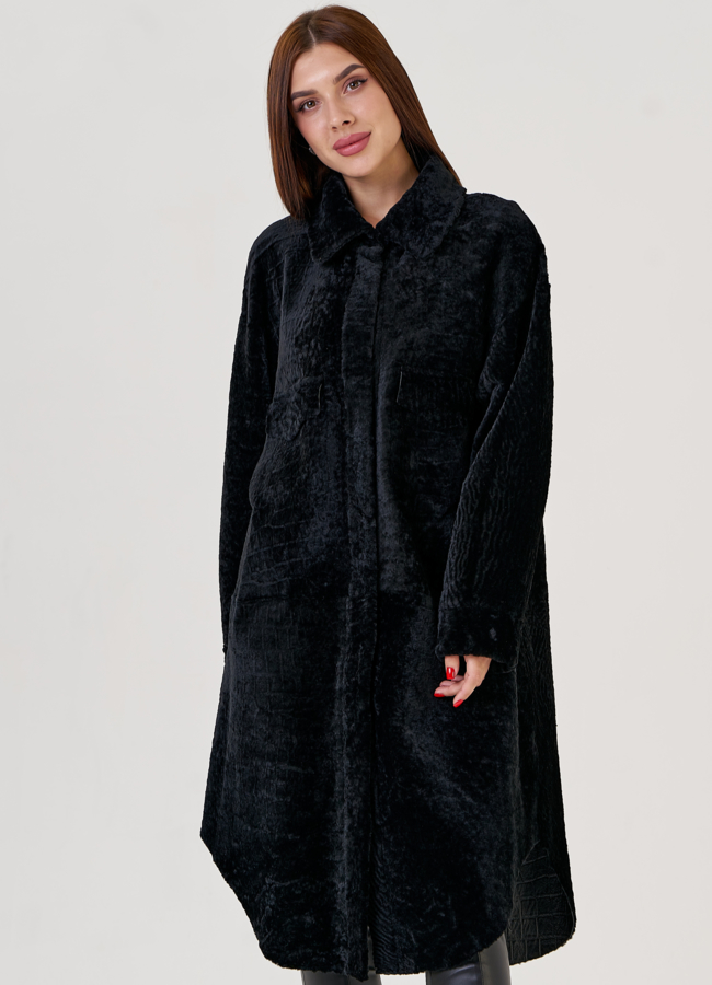 Двухсторонняя женская дубленка черного цвета  модель № 23357 универмаг малина