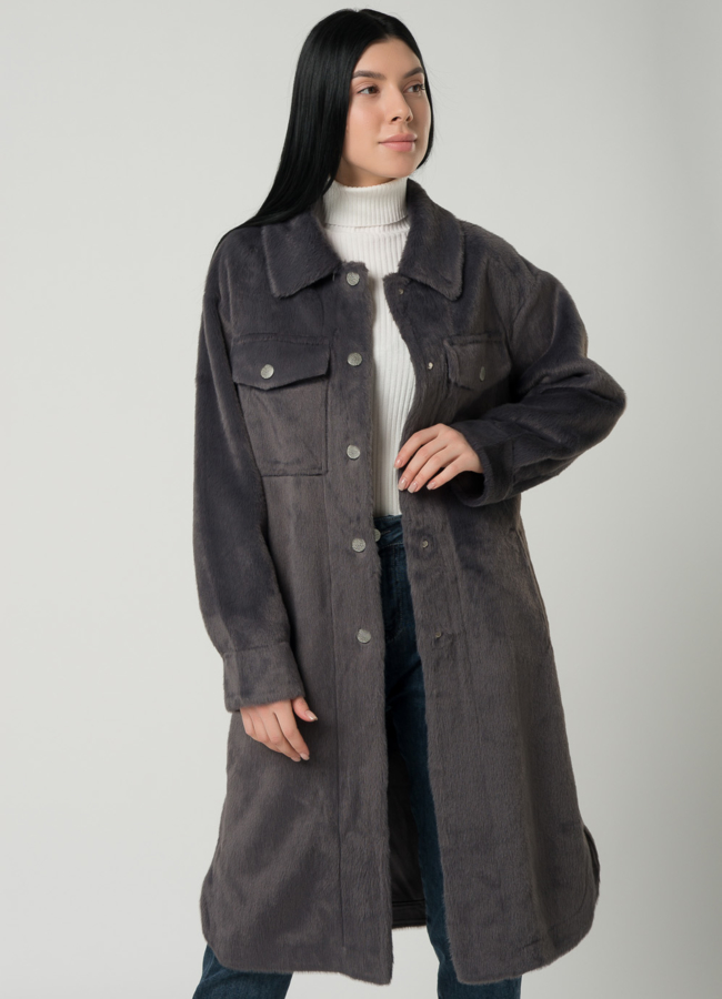 Женское пальто-рубашка темно-серого цвета модель № 22437 универмаг малина