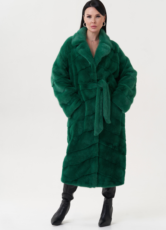 Норковая шуба зеленого цвета с поясом модель № 23820 меха малина