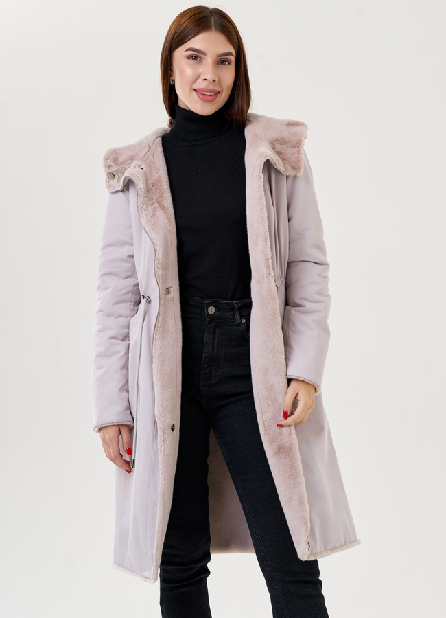Двухстороннее пальто из эко меха с капюшоном модель № 25354 универмаг малина