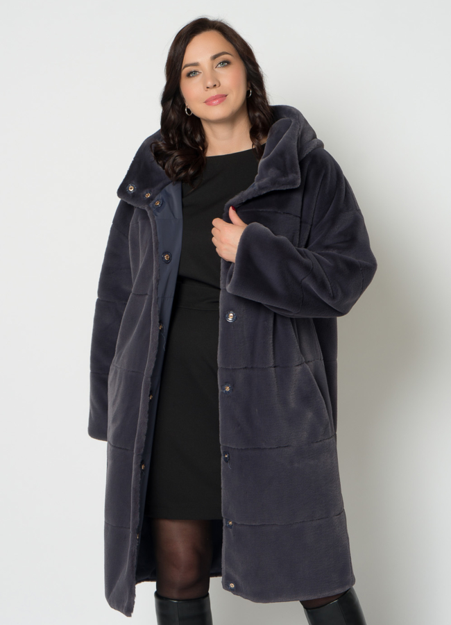 Двухстороннее полупальто из эко меха с капюшоном модель № 19075 универмаг малина