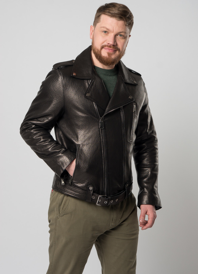 Мужская куртка из натуральной кожи модель № Е-49 меха малина