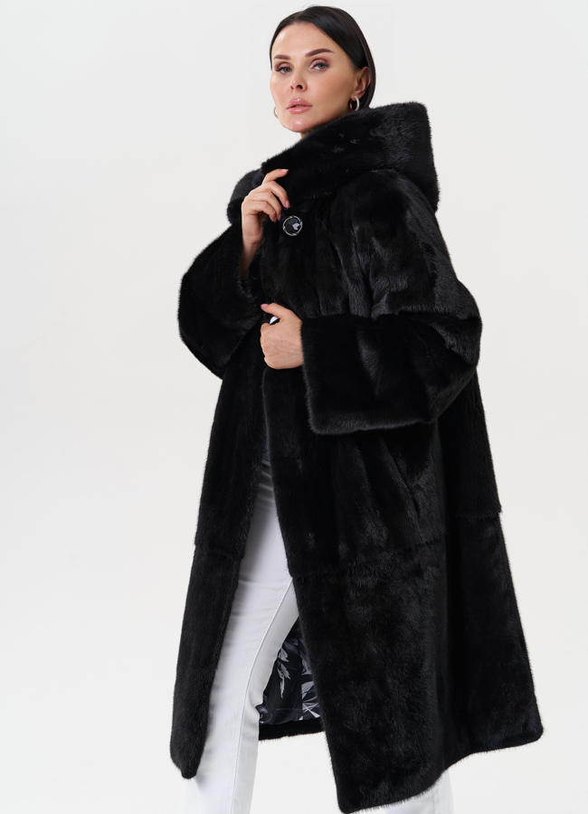 Женская шуба из меха норки с капюшоном модель № 27546 в кредит
