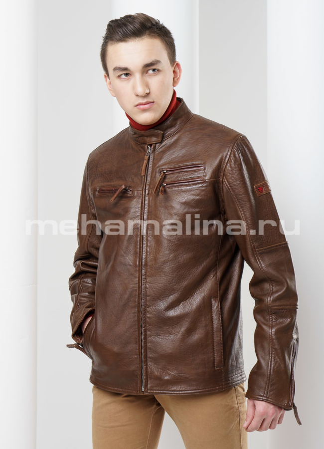 Кожаная куртка мужская модель № KP-139 меха малина