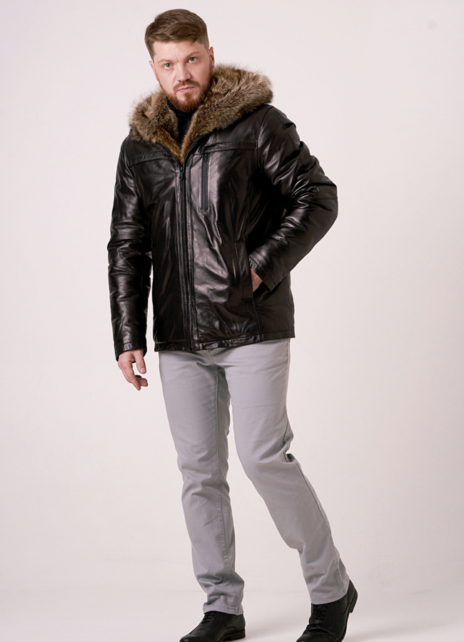 Кожаный пуховик с меховой отделкой  модель № 9255 универмаг малина