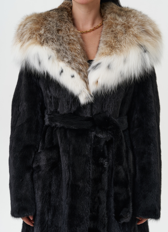 Норковая шуба с капюшоном из меха рыси модель № 28022 в рассрочку