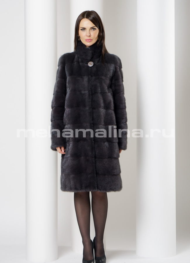фото Норковая шуба поперечная в цвете графит, со стойкой модель № S-748