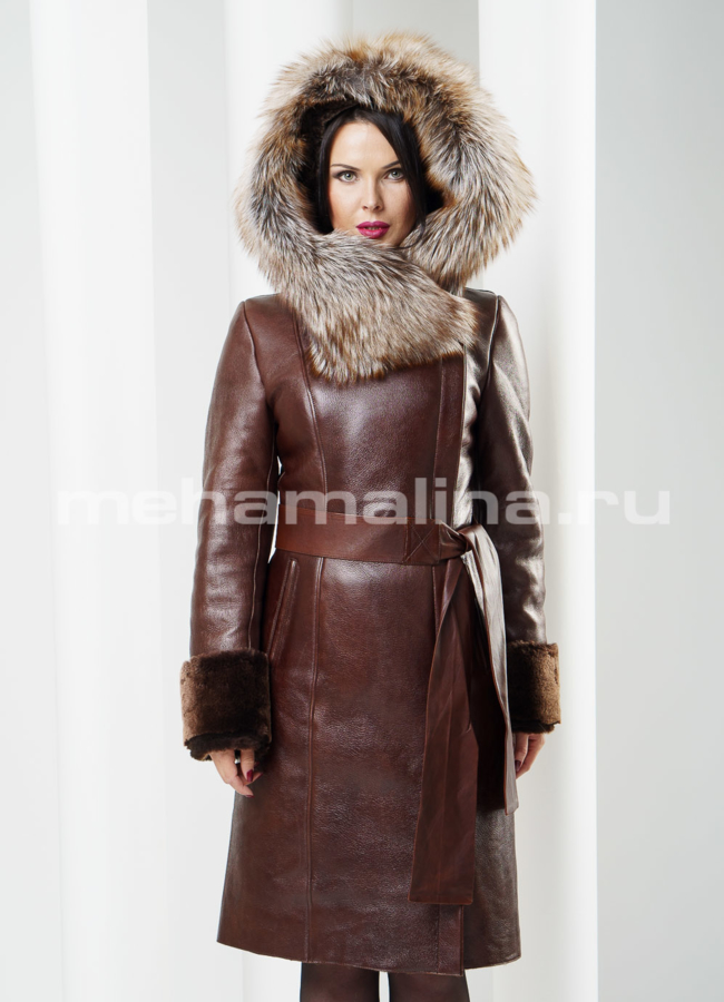 фото Дубленка с покрытием, капюшон из лисы модель № D-120