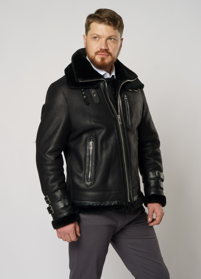 Дубленка мужская на молнии  модель № DM-126 меха малина