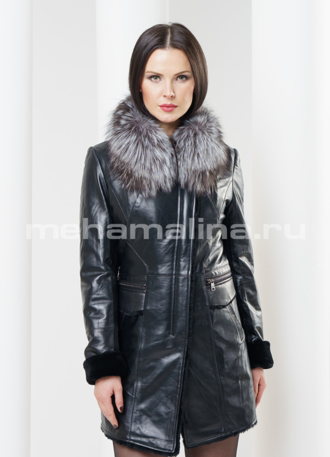 Кожаный френч на овчине, воротник чернобурка модель № K-261 в рассрочку