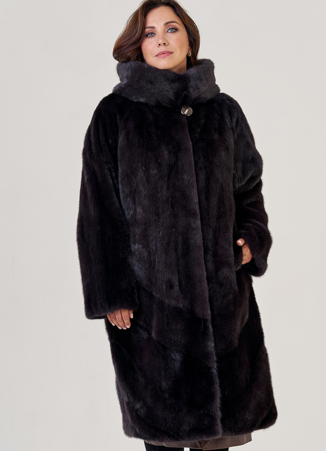 Шуба из норки силуэта баллон с капюшоном модель № 23075 меха малина