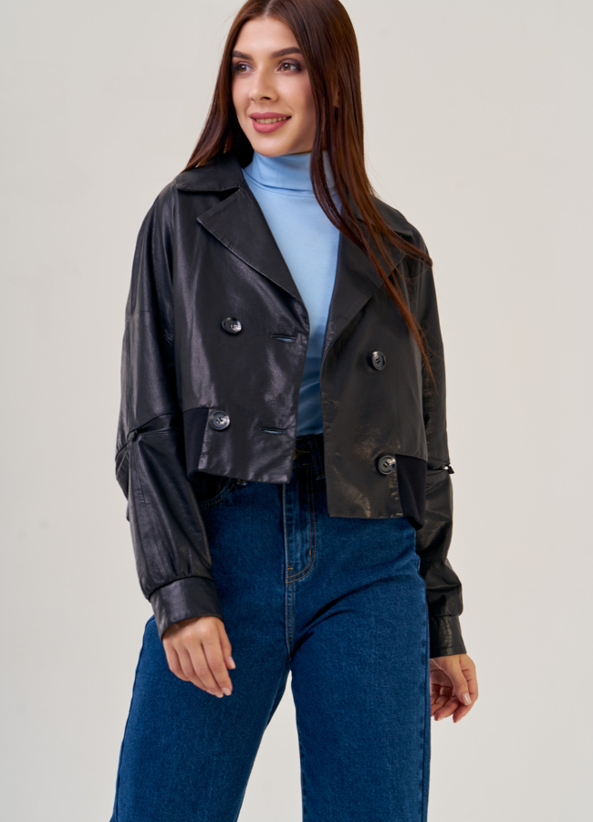 Женская кожаная куртка черного цвета  модель № 22455 универмаг малина