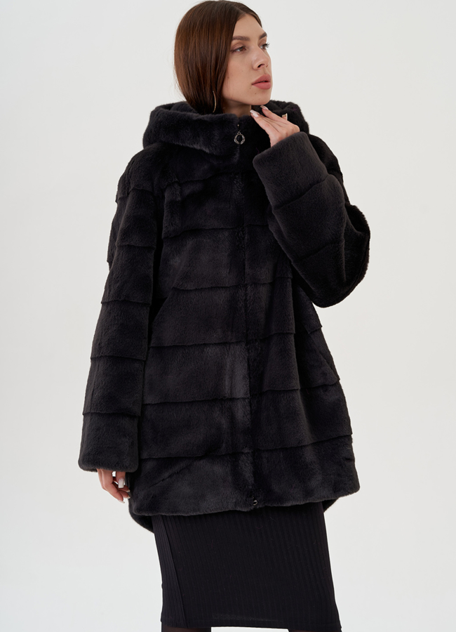 Полупальто из экомеха с капюшоном модель № 81537 универмаг малина