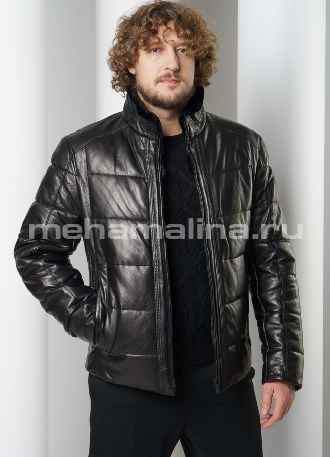 Кожаный пуховик черного цвета на молнии модель № ПМ-104 универмаг малина