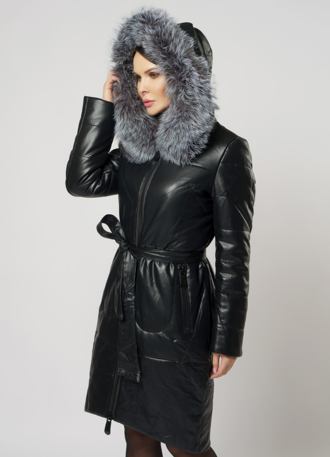 фото Пуховик из эко кожи с чернобуркой  модель № 18256