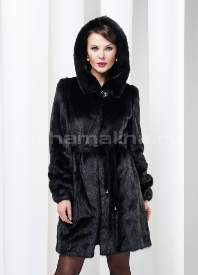 Шуба норка с капюшоном, на поясе модель № S-138 меха малина