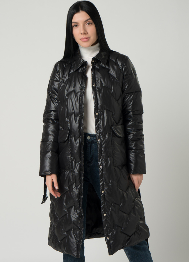 Удлиненное женское пальто  в черном цвете с отложным воротником модель № 22330 универмаг малина