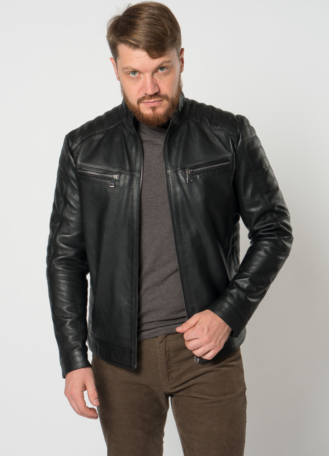 Мужская кожаная куртка мото в черном цвете модель № 21611 универмаг малина
