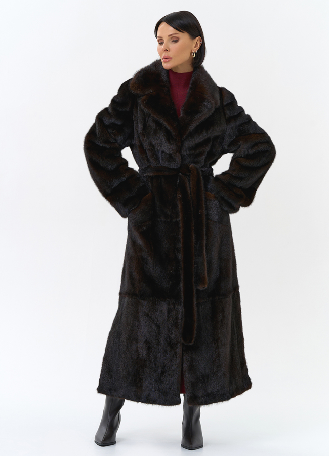 фото Длинная шуба из меха норки с английским воротником модель № 27597