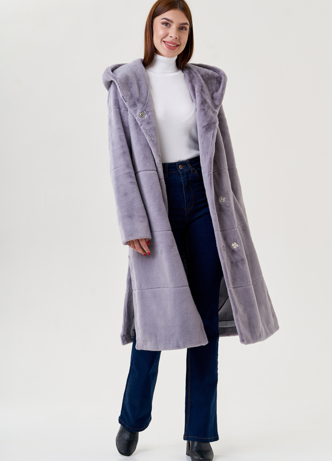 Женское пальто из эко меха с капюшоном  модель № 79337 универмаг малина