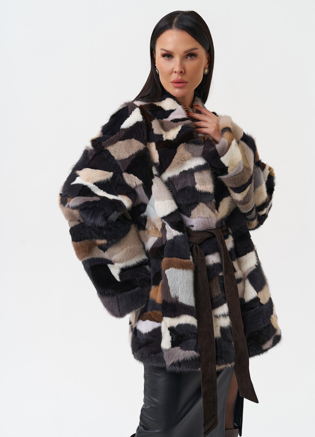 Шуба из меха норки с поясом модель № 27622 меха малина