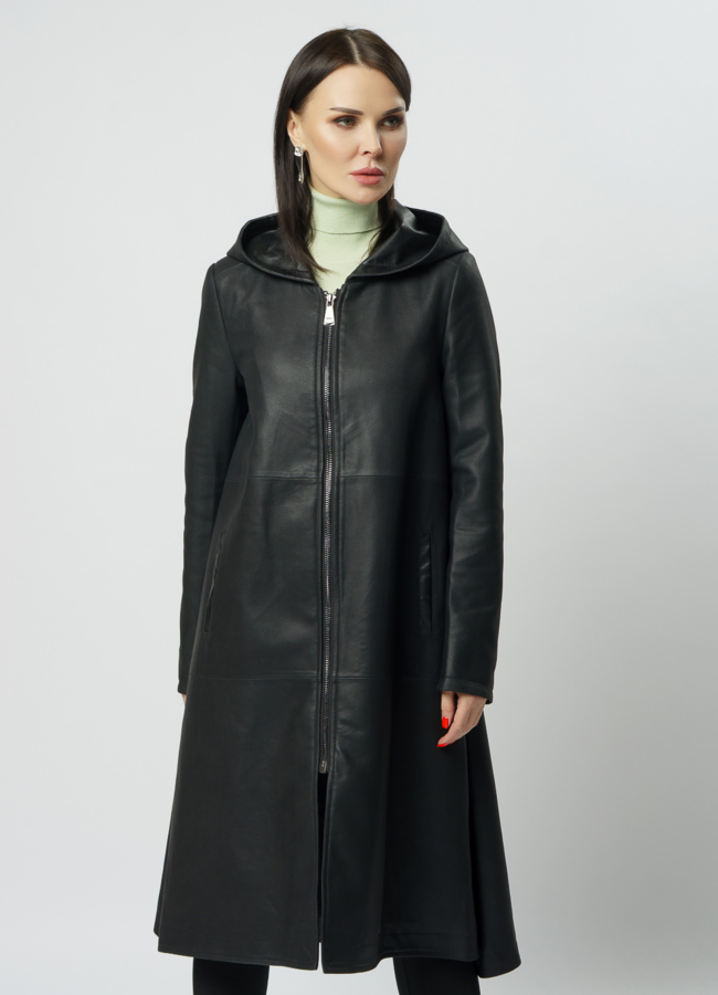 Пальто с капюшоном из натуральной кожи  модель № 10711 универмаг малина